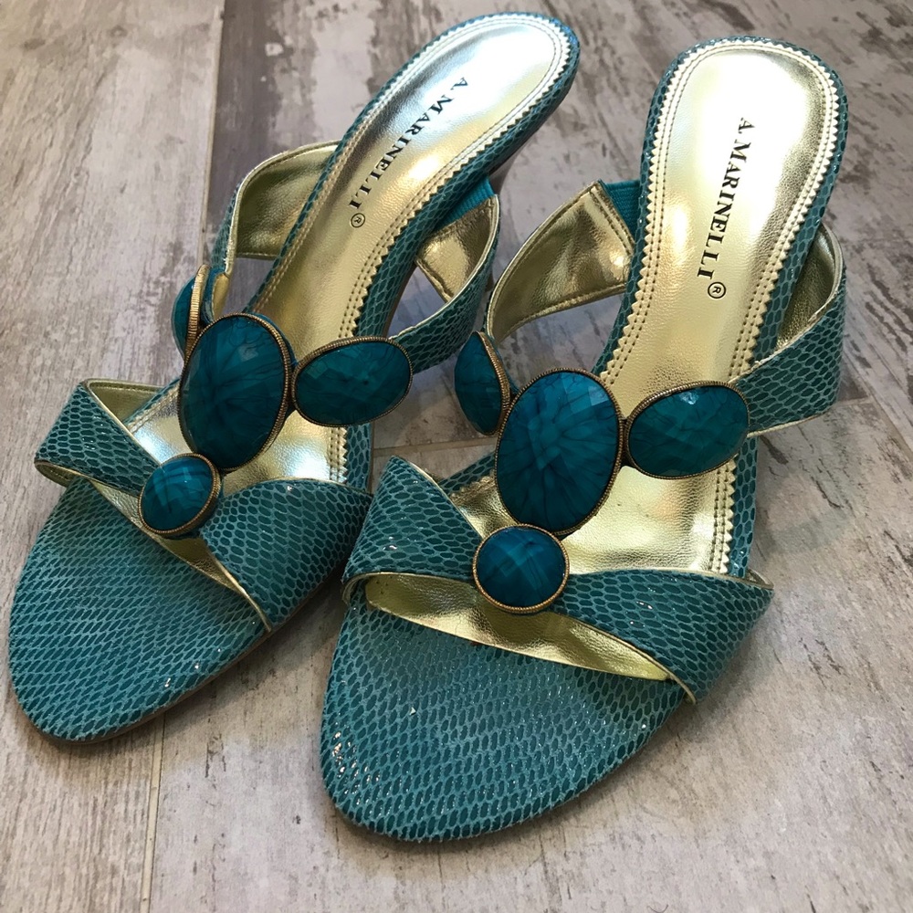 A. Marinelli | Jeweled Teal Snake Sandal Heels 8